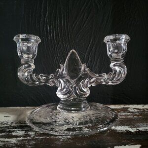 Vintage New Martinsville Clear Glass Double Candle Holder With Floral Design